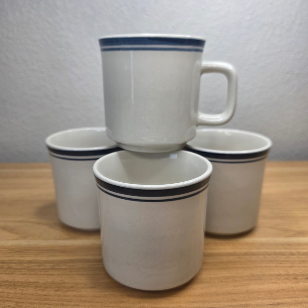 Vintage Restaurant Ware Stoneware Coffee Mugs Cups Cream Navy Blue Band Set of 4